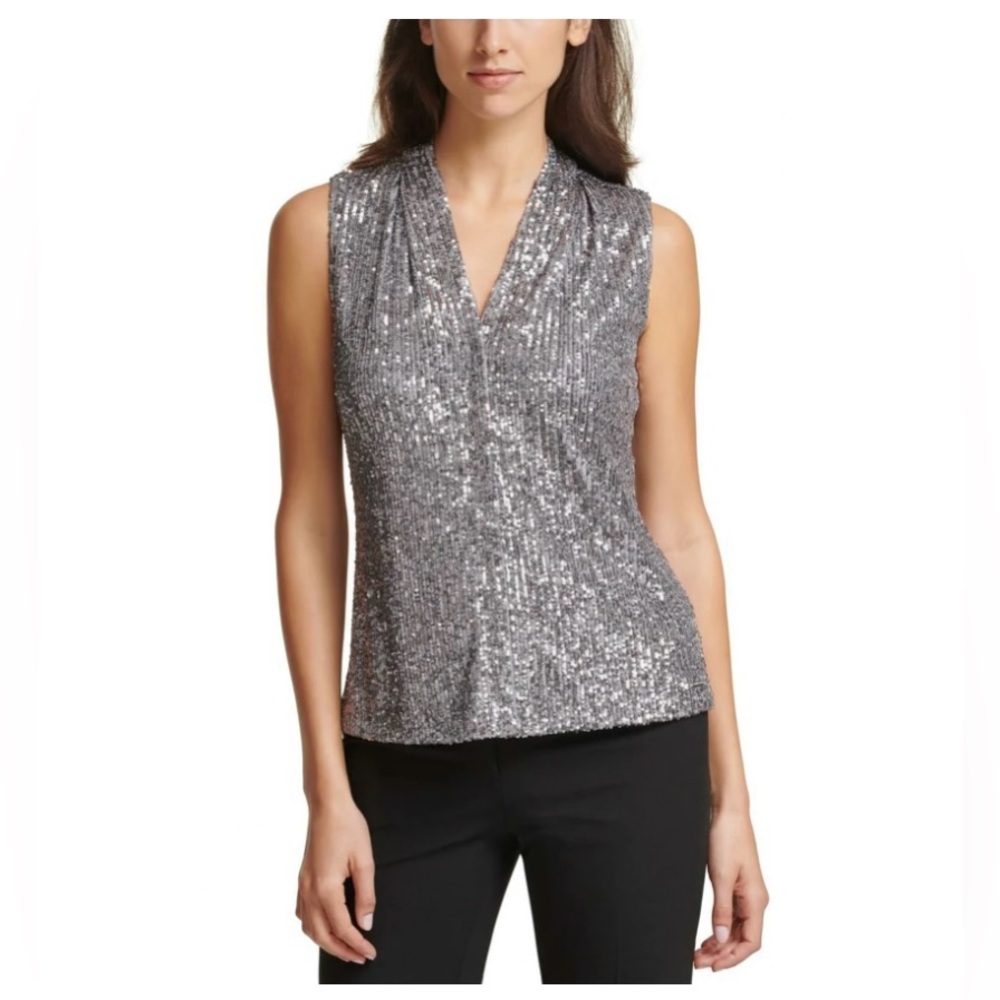 🆕 CALVIN KLEIN WOMEN'S SLEEVELESS V-NECK
SEQUIN BLOUSE. Size LARGE. NWT